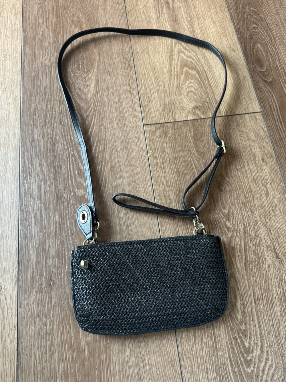 Joy Susan Black Straw Mini Wristlet Crossbody